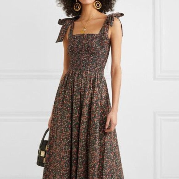 Doen Jasmine Shirred Floral-print Cotton popplin Maxi Dress Size L - Picture 1 of 10